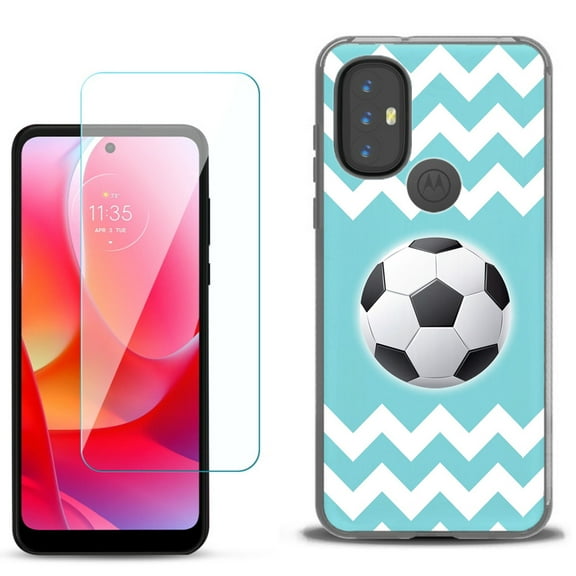 Slim-Fit Gel TPU Phone Case for Motorola Moto G Power 2022, with Tempered Glass Screen Protector, by OneToughShield ® - Chevron/Soccer