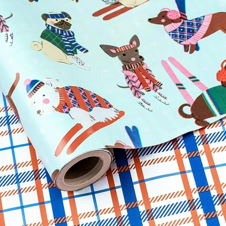 Gleam Adorn Reversible Christmas Wrapping Paper Roll, Dogs Skiing and Blue Orange Buffalo Plaid Fun Winter Gift Wrap for Kids Pet Lovers Holidays, Mini Roll 17 in x 16.4 Ft