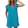 thumbnail image 4 of Women's Short Cuffed Sleeve Utility Rompers Elastic Waist Button Down Cotton Pocketed Jumpsuit Blue XL(XL), 4 of 6