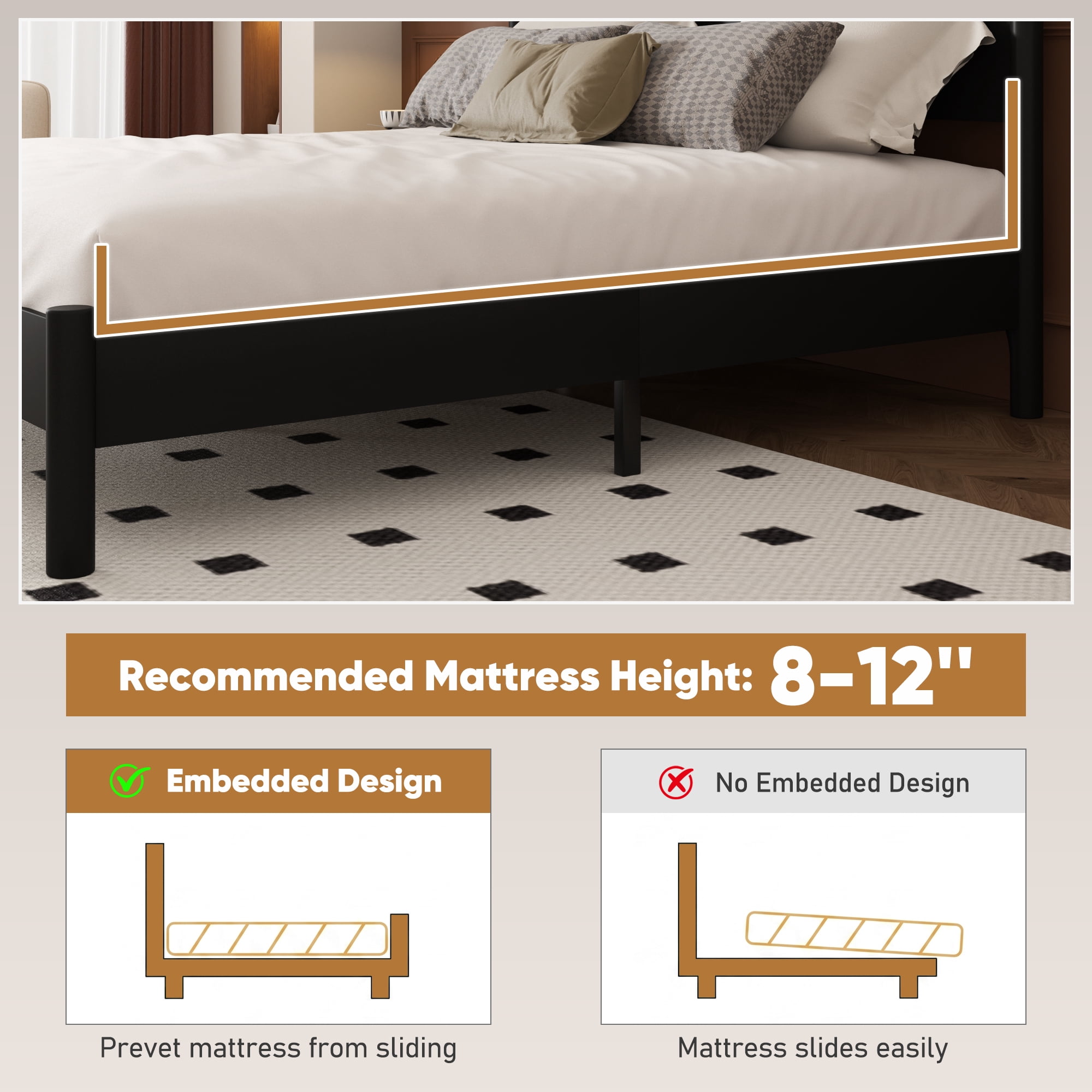 Frostbloom Queen Size Solid Wood Platform Bed Frame, with 7.3'' Under-bed Storage, Black