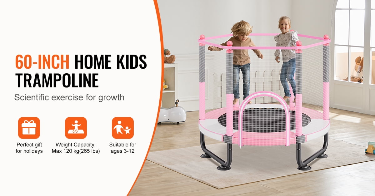 KFFKFF 60" Children's Trampoline, 5FT Trampoline for Indoor and Outdoor Use, Compact Trampoline for Toddlers with Protective Netting and Basketball Hoop