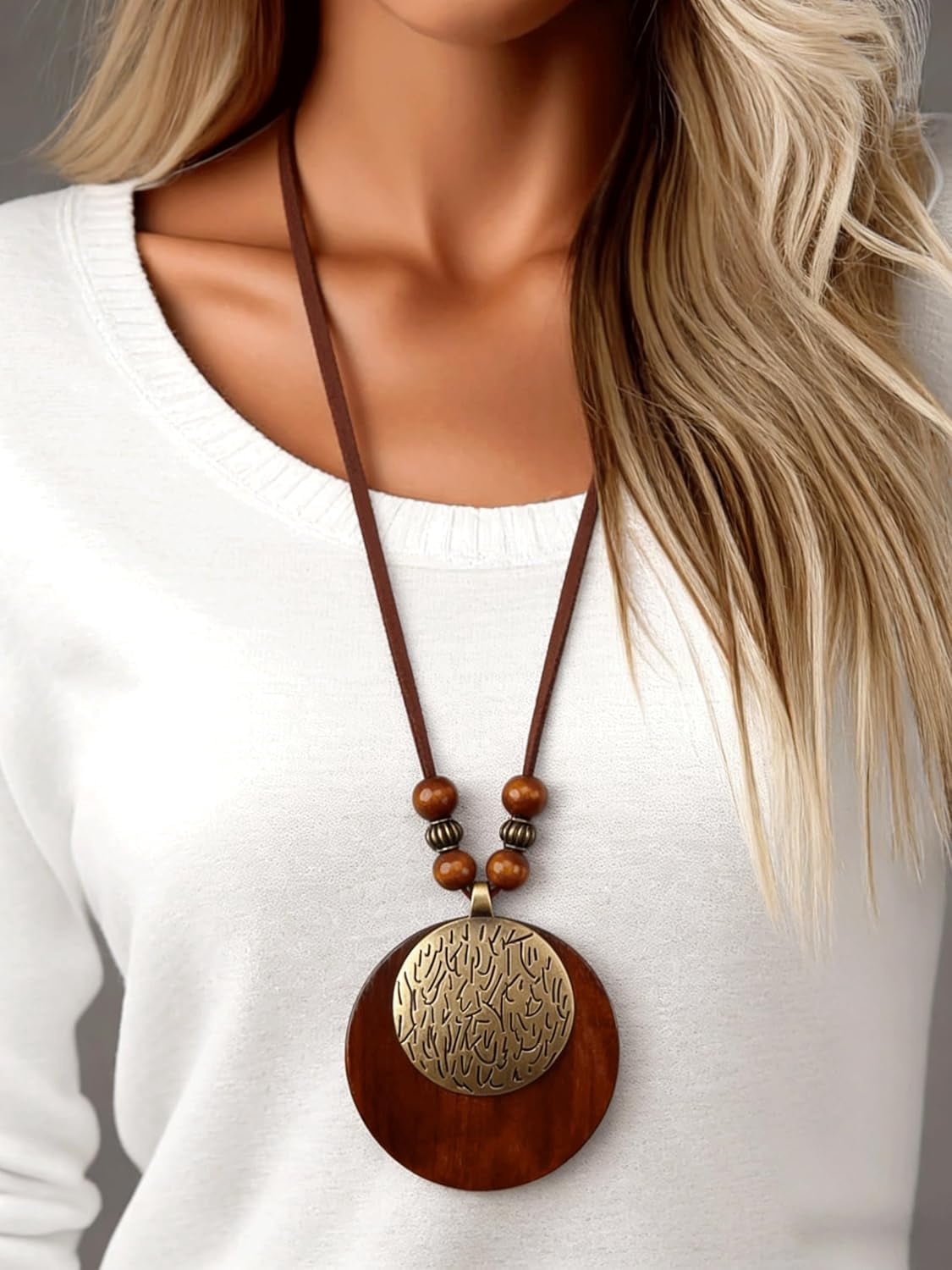 Vintage Leather Necklace for Women Men Handmade Boho Alloy Turquoise Wood Choker Pendant Necklaces with Long Adjustable Leather Cord[m3057]