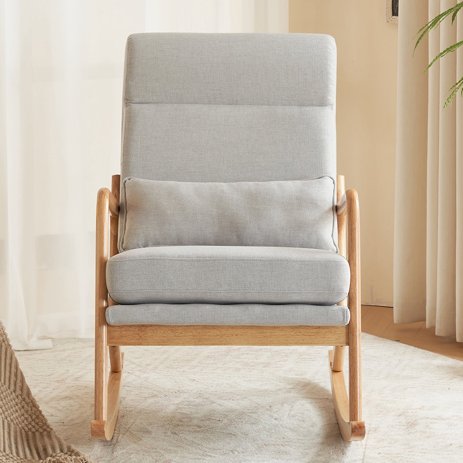 UWR-Nite Rocking Chair Nursery, 25.2" High Backrest Mid-Century Rocking Chair with Wooden Armrest Upholstered Glider Rocker with Free Lumbar Pillow for Living Room