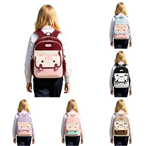 CUZIBR Lightweight Kids Backpack Cute Cat Print Color Block Multi Zipper Compartments Adjustable Breathable Shoulder Straps Bookbag For Teen Girls Campus Daily Travel Outdoor Sports