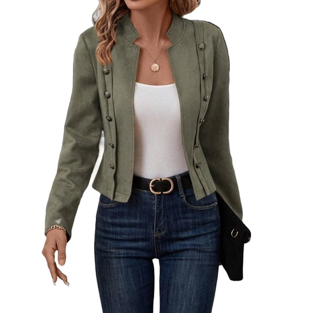 RXMEKW Double Breasted Suede Jacket for Women With Decorative Pockets Long Sleeve Cropped Style Polyester Brown