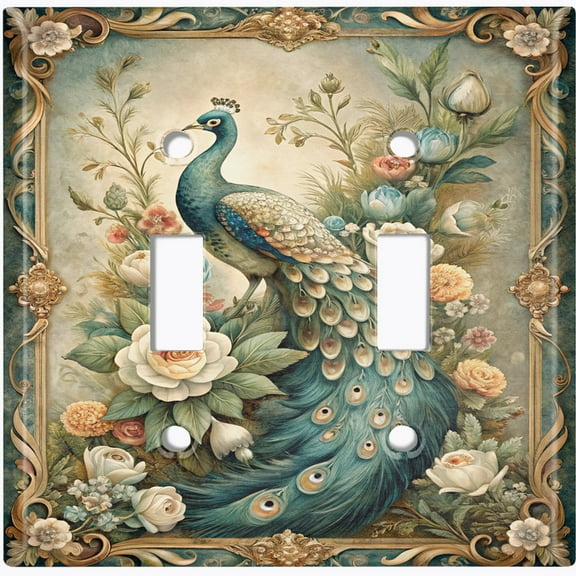 Metal Light Switch Wall Plate Outlet Cover (Printed Image of Rustic Floral Peacock - Double Toggle)
