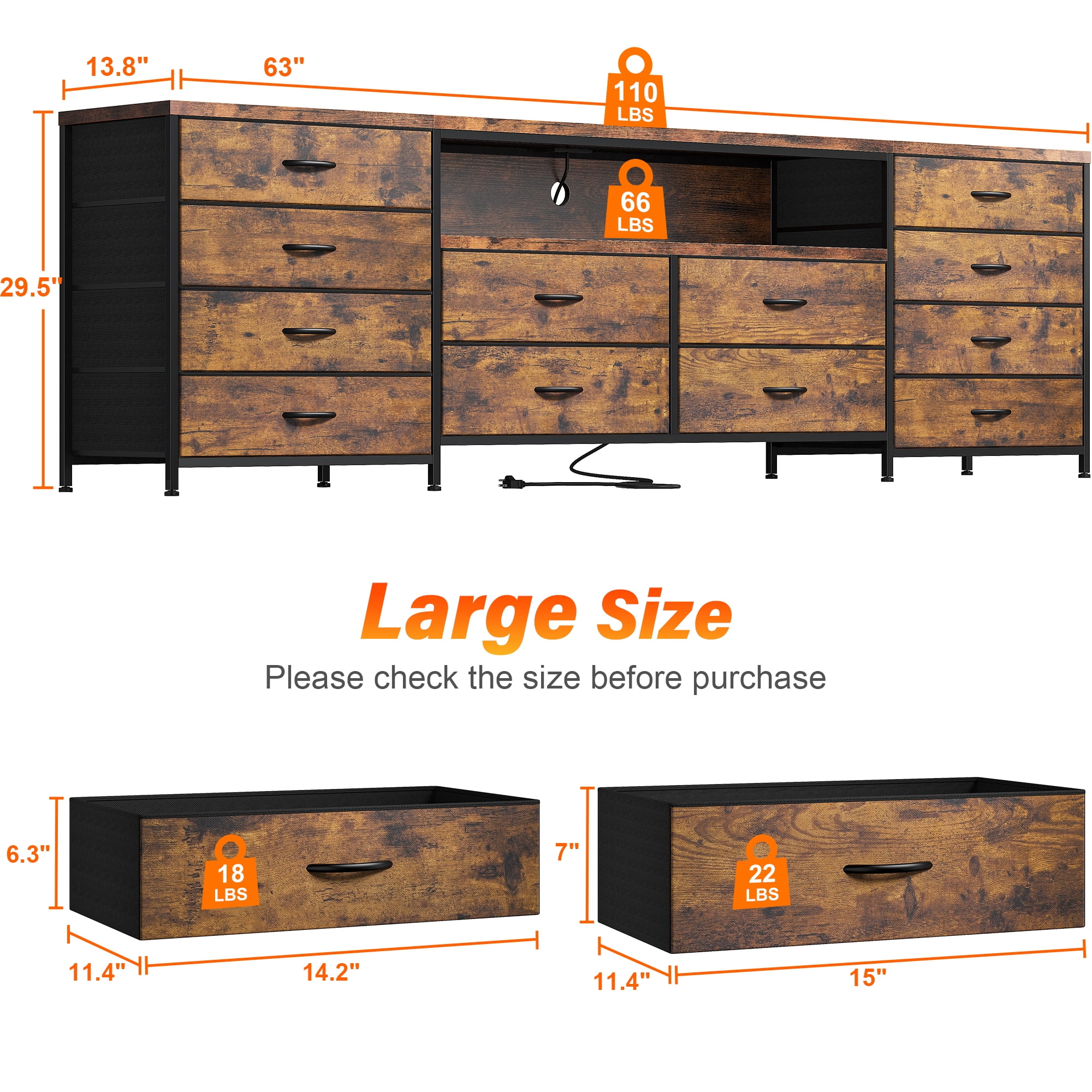 EnHomee Wide Dresser TV Stand for 65 70 75 Inch Dresser for Bedroom with LED Lights & Power Outlets & 12 Fabric Drawers,Rustic Brown