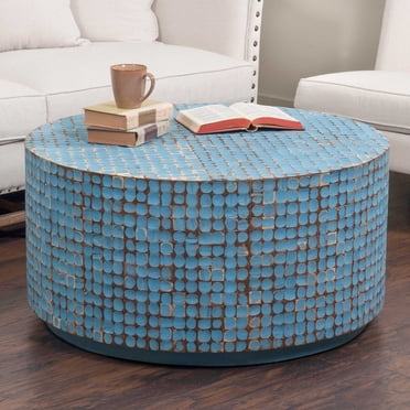 Linon Pomona Round Drum Coffee Table, Gold and Ivory Capiz Shell Finish ...