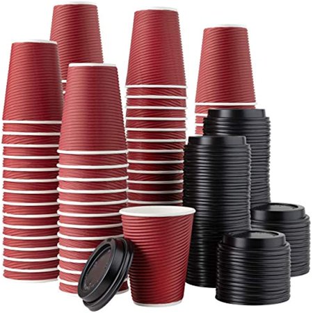 [100 Sets - 12 Oz.] Insulated Rippled Double Wall Paper Hot Coffee Cups With Lids, Burgundy