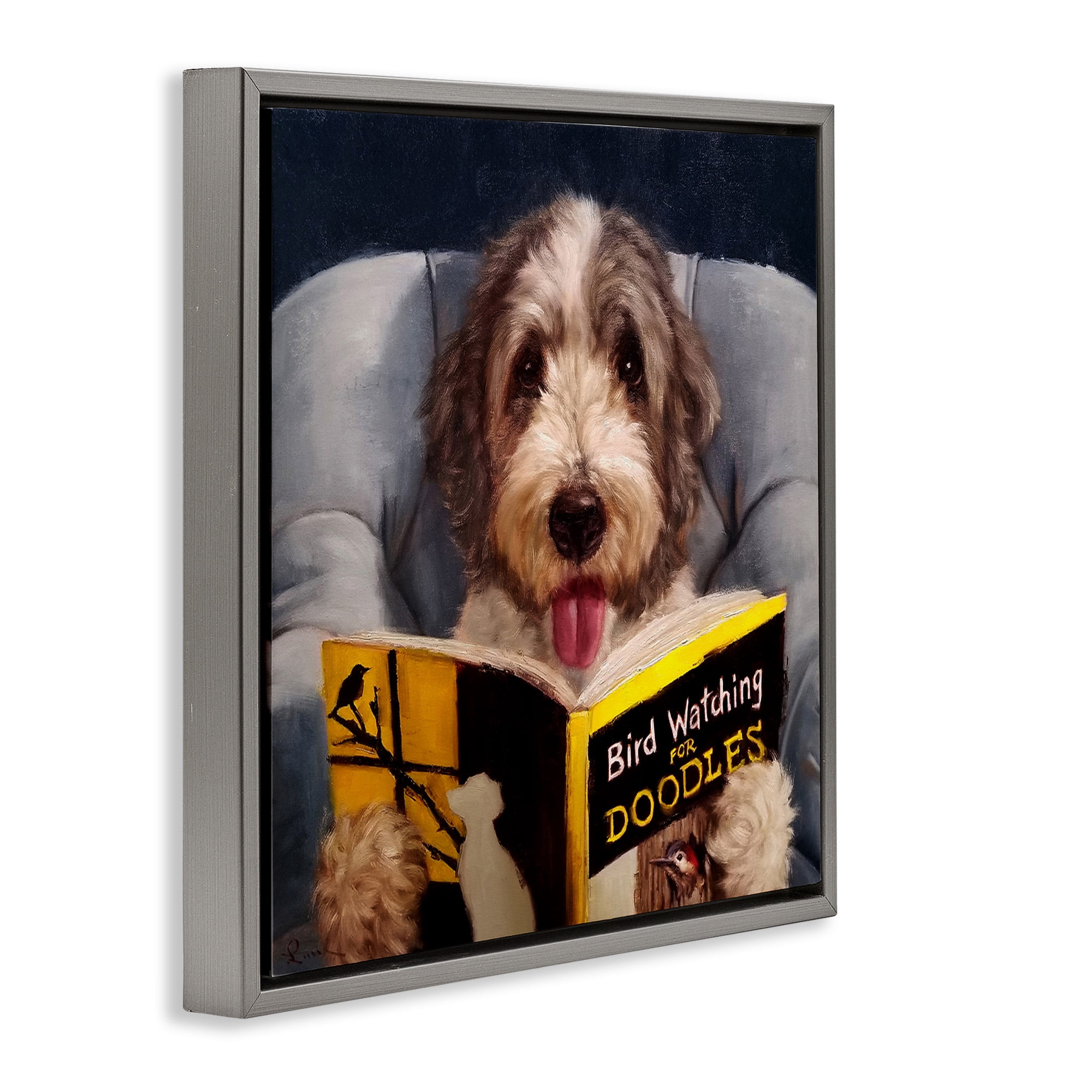 Stupell Industries Dog with Bird Watching Book Animals & Insects Painting Gray Floater Framed Canvas Art Print Wall Art, 25 x 25