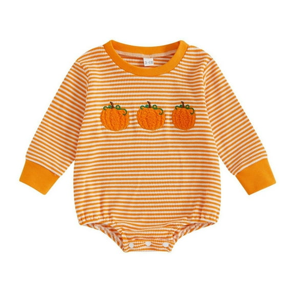 LIIPEE Girls Boys Onesie Halloween Cartoon Pumpkin Embroidered Long Sleeve Round Neck Striped Bodysuit Versatile Party One-Pieces,Orange,6-12 Months