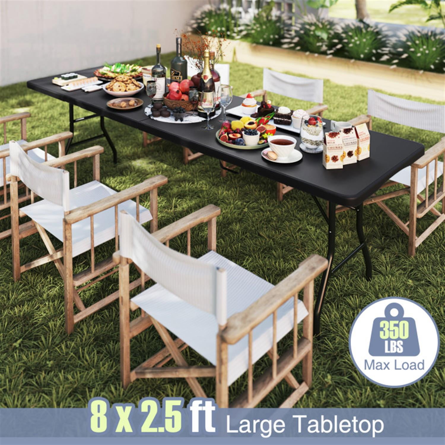 Demi Bonn 8 ft Portable Folding Table 350S Fold-in-Half Table with HDPE Tabletop fordoor Outdoor, Plastic Dining Picnic Party Camping Table, Black