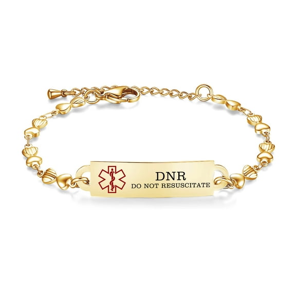 Medical Id Bracelets for Women Gold Heart Chain Medical ID Bracelets 6.5-8 Inch Adjustable with engraving:DNR