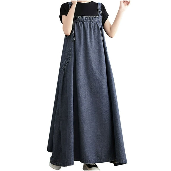 WXLWZYWL Summer Dress Women'S Casual Denim Dress Leisure Retro Loose Strap Dress Dark Blue