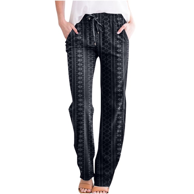 Timegard Eyelet Pants for Women Elastic Waist Solid Color Straight Leg Beach Lounge Trousers with Pockets