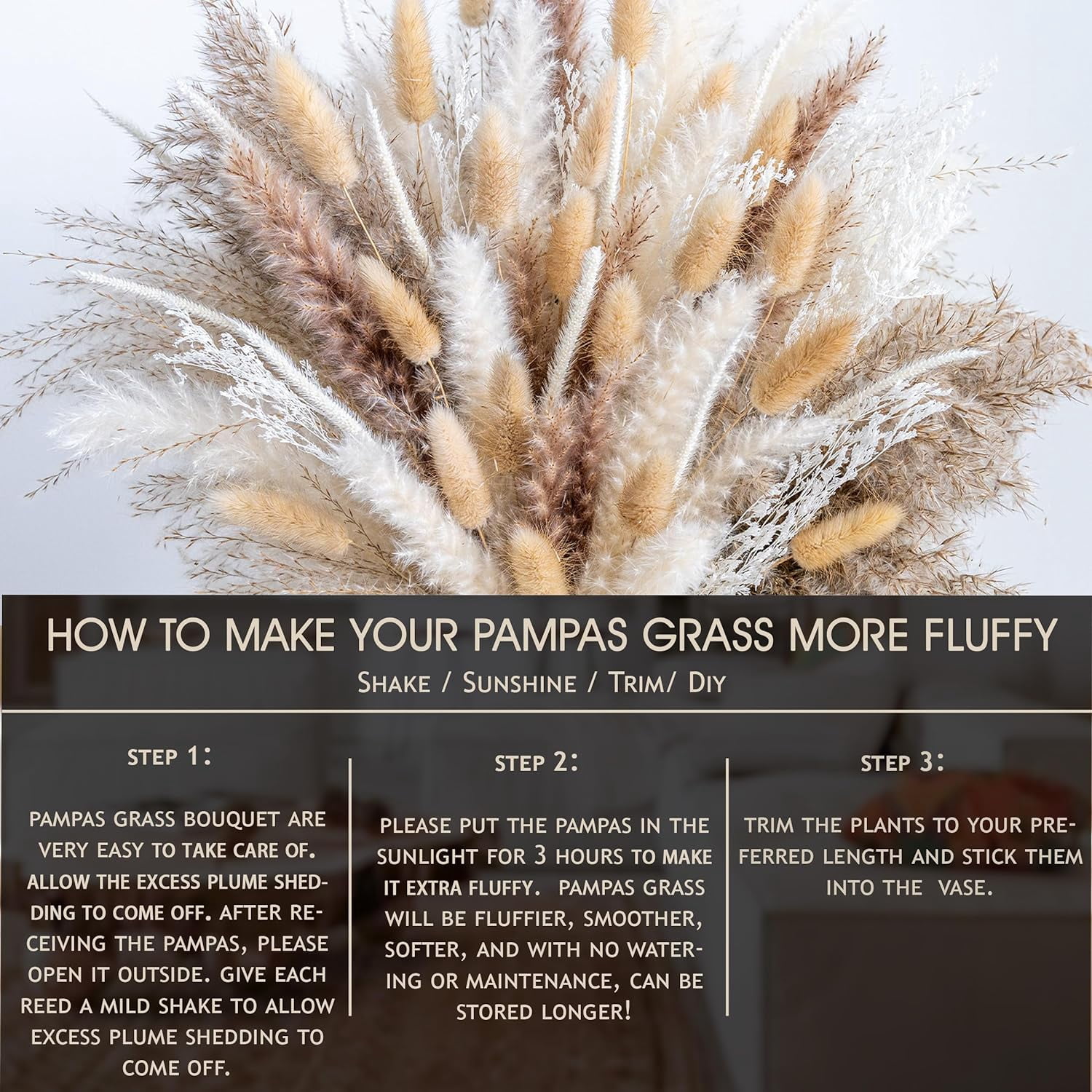 150PCS Natural Dried Pampas Grass Bouquet, Phragmites Dried Flowers Boho Home Decor for Wedding Floral Arrangements & Living Room Decorations