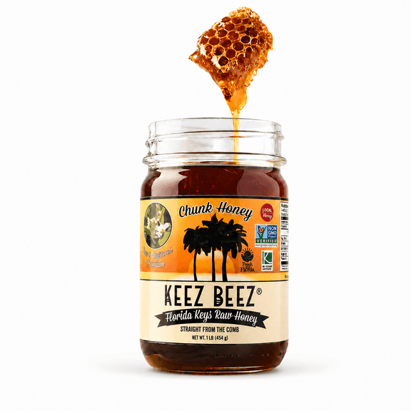 Keez Beez Raw & Unfiltered Chunk Honey, 100% Pure Florida Honey with Edible Honeycomb, 16 oz Jar
