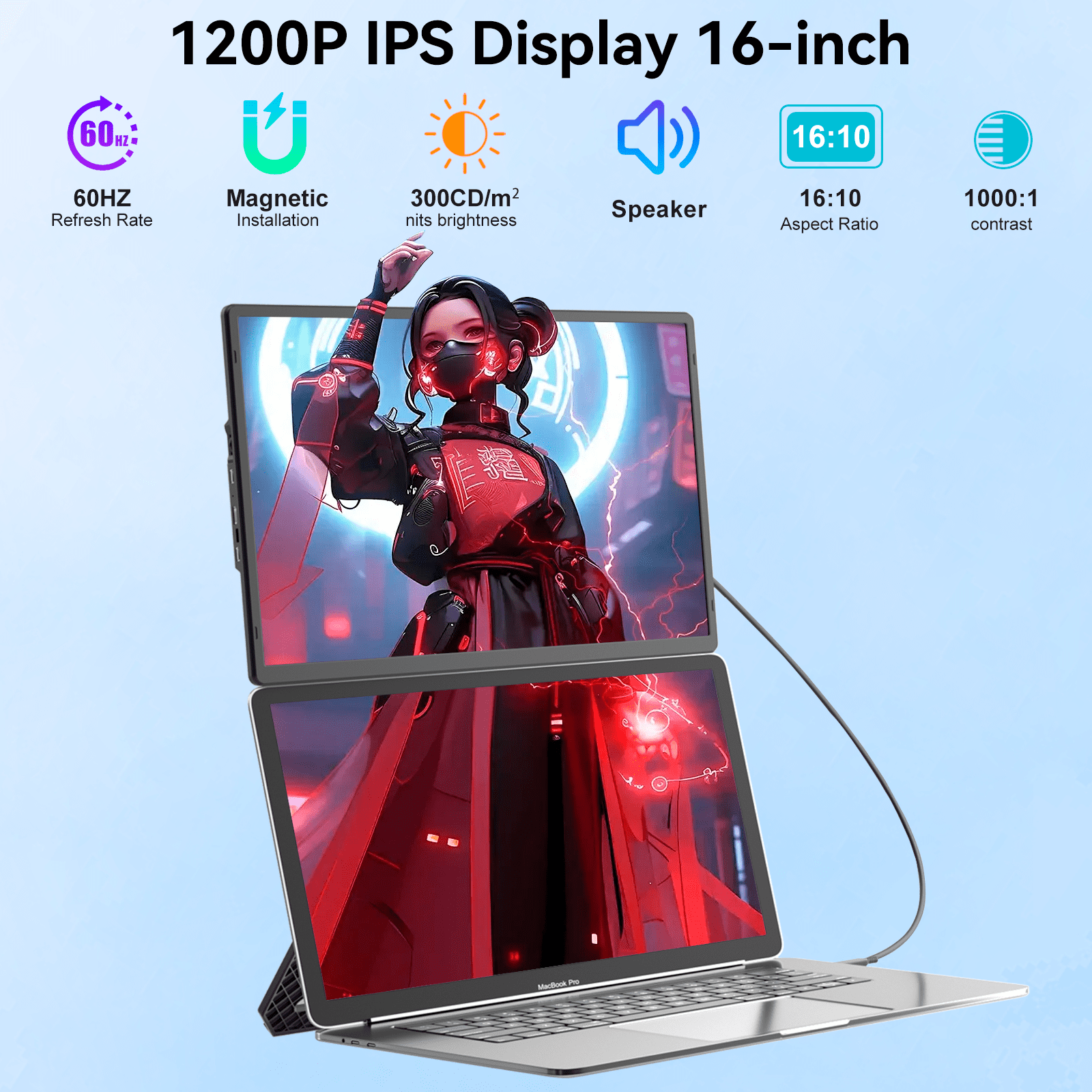 Laptop Screen Extender, 16 Inch FHD 1200P Portable Monitor, Up and Down Adjustable and 360° Rotatable Removable Stand, Travel Monitor for Laptop, Portable Screen for Windows / PC / Mac