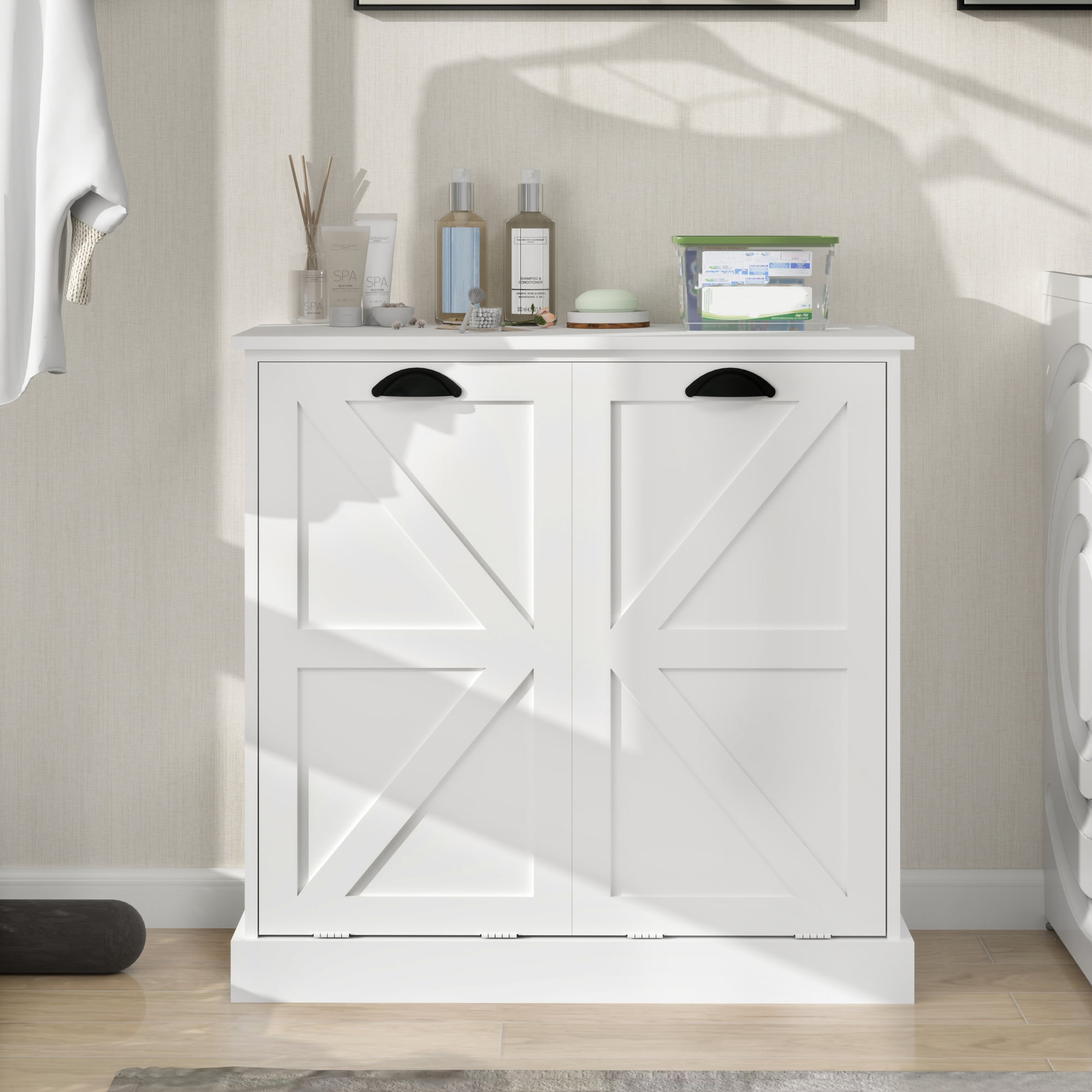Leumius Tilt-Out Laundry Hamper Cabinet,Freestanding Laundry Sorter Cabinet with 2 Compartment,White