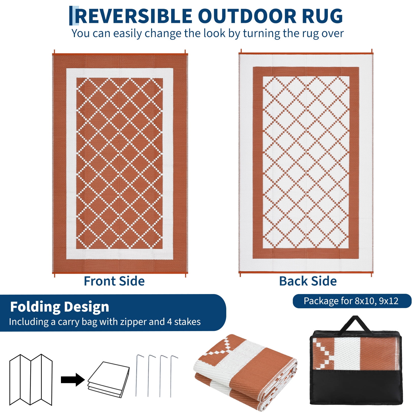 Garvee Outdoor Rug 8'x10' Waterproof Rug for Patios, Reversible Plastic Straw Rug Camping Carpet Mats for RV, Picnic, Backyard, Balcony, Porch, Beach, Orange