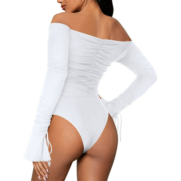 Haite Ladies Romper Solid Color Bodysuit Long Sleeve Jumpsuit Holiday  Leotard Travel Off Shoulder Bodysuits White XL 