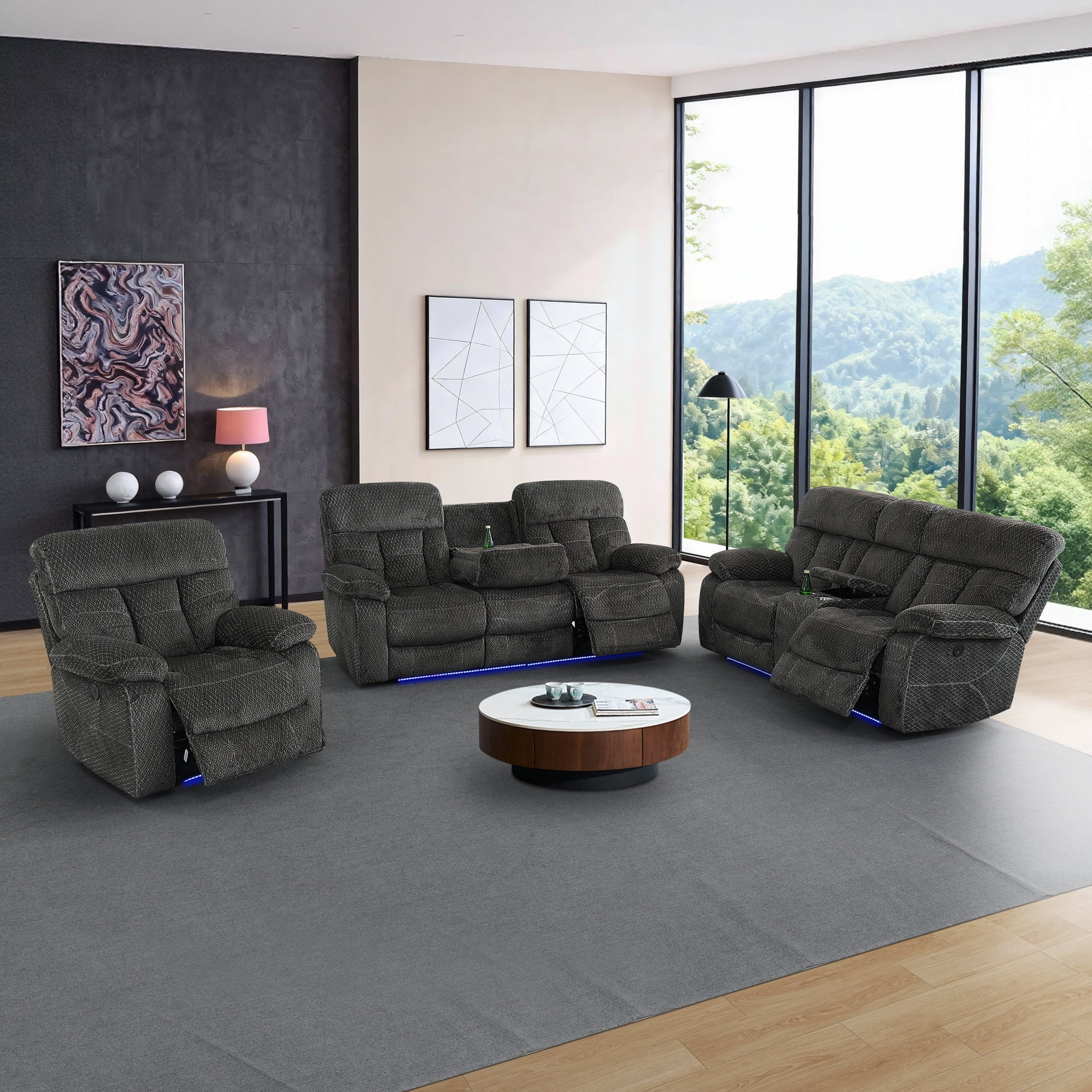 Gewnee 1+2+3‑Piece Power Recliner Sectional Sofa Set, Flock Upholstered Couch with Center Console Cup Holders, LED Ambient Light & USB Port for Living Room, Grey