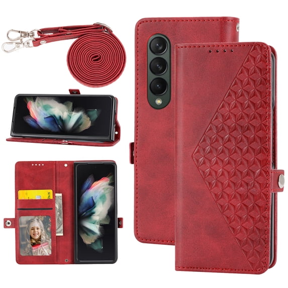 Case for Samsung Galaxy Z Fold 4 5G, Magnetic Matte Premium PU Leather Stand Flip Cover with Card Slots and Wallet, Shockproof and Full Body Protection Compatible with Z Fold 4 - Red