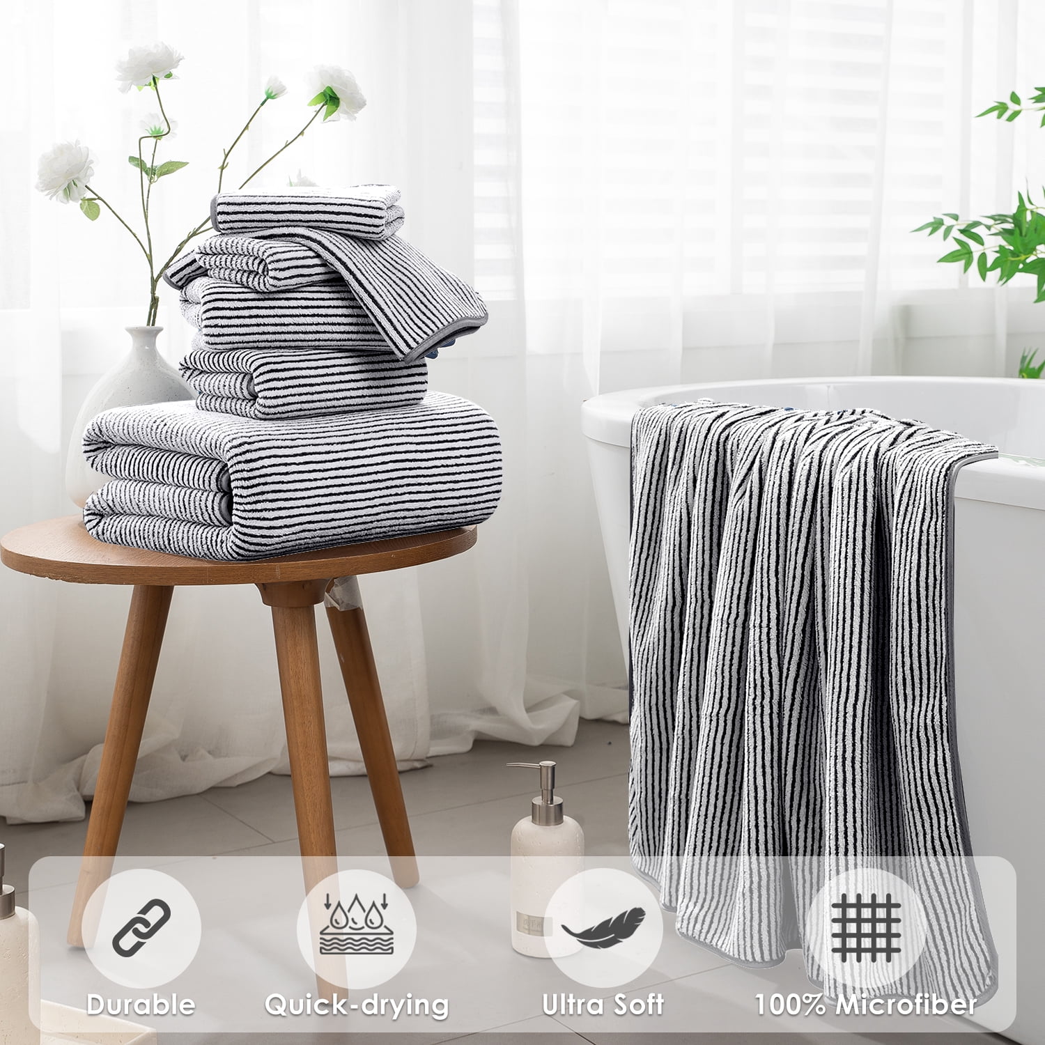 Smuge 8 Piece Extra Large Bath Towel Sets, 2 Large Bath Towels , 2 Hand Towels, 4 Washcloths, Soft Microfiber, Quick Dry, Highly Absorbent Oversized Bath Towels for Bathroom Kitchen Spa(Black White)