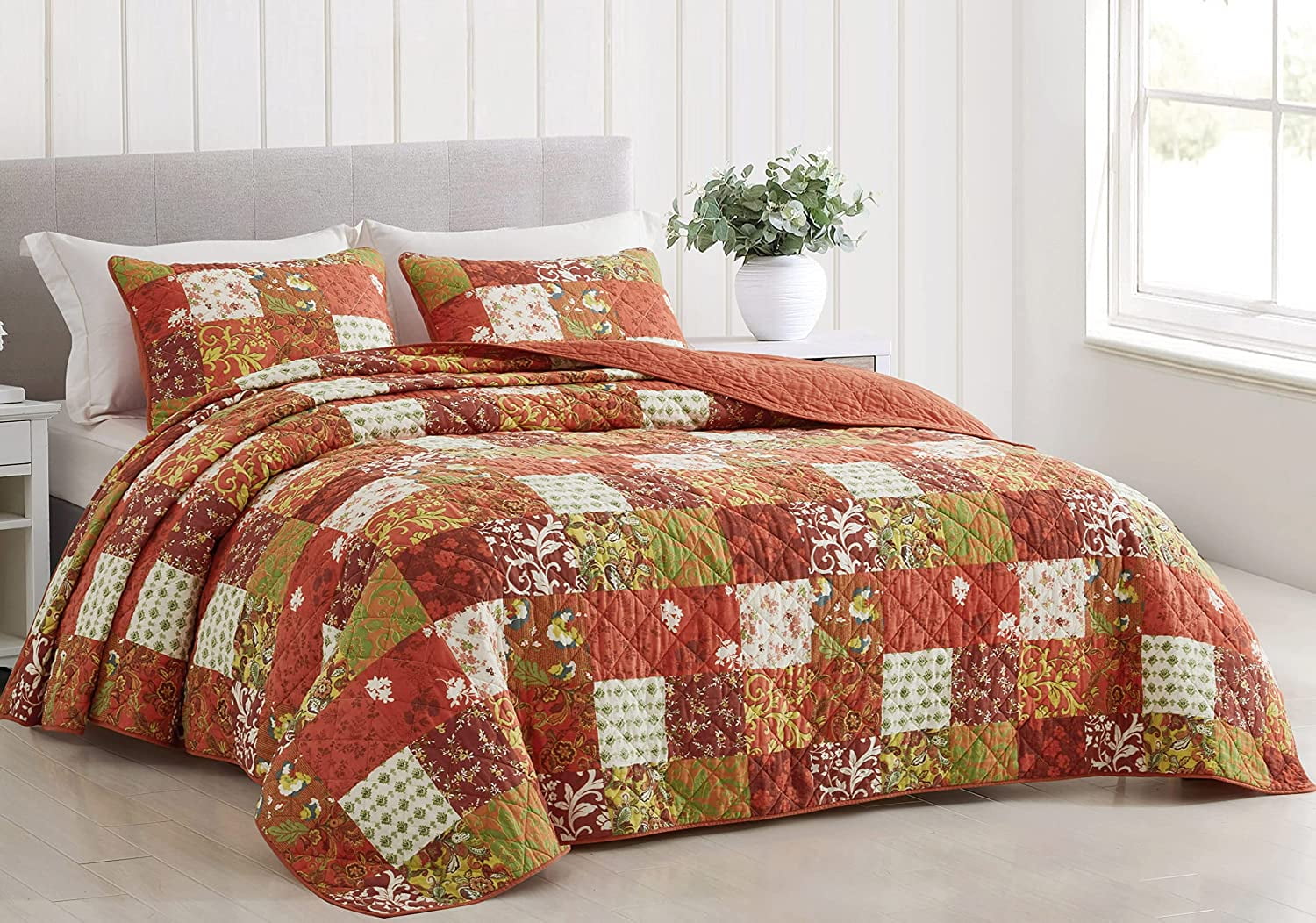 Chezmoi Collection Leilani 3-Piece Boho Washed Cotton Quilt Set Queen Size - Bohemian Quilted Bedding Orange Green White Floral Printed Patchwork Lightweight Bedspread Set for All Season