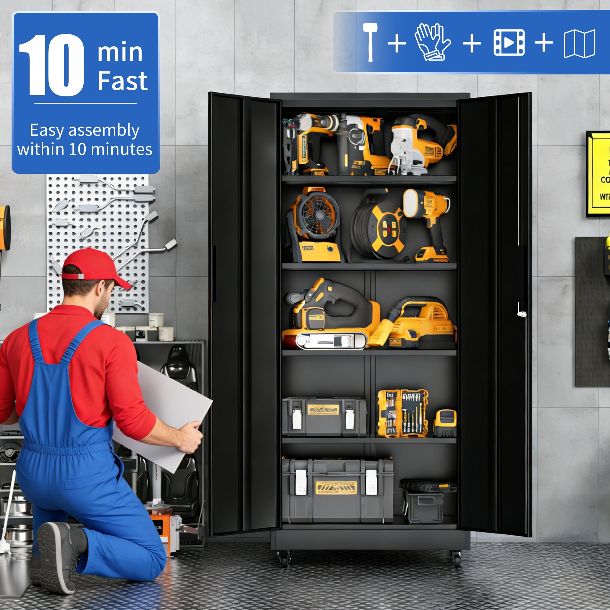 71"H Garage Storage Cabinet with Wheels and Lock, Heavy Duty Rolling Metal Cabinet, 4 Adjustable Shelves (180lb Each), 3-Point Locking Security, for Tool Organization in Garage, Workshop, Office