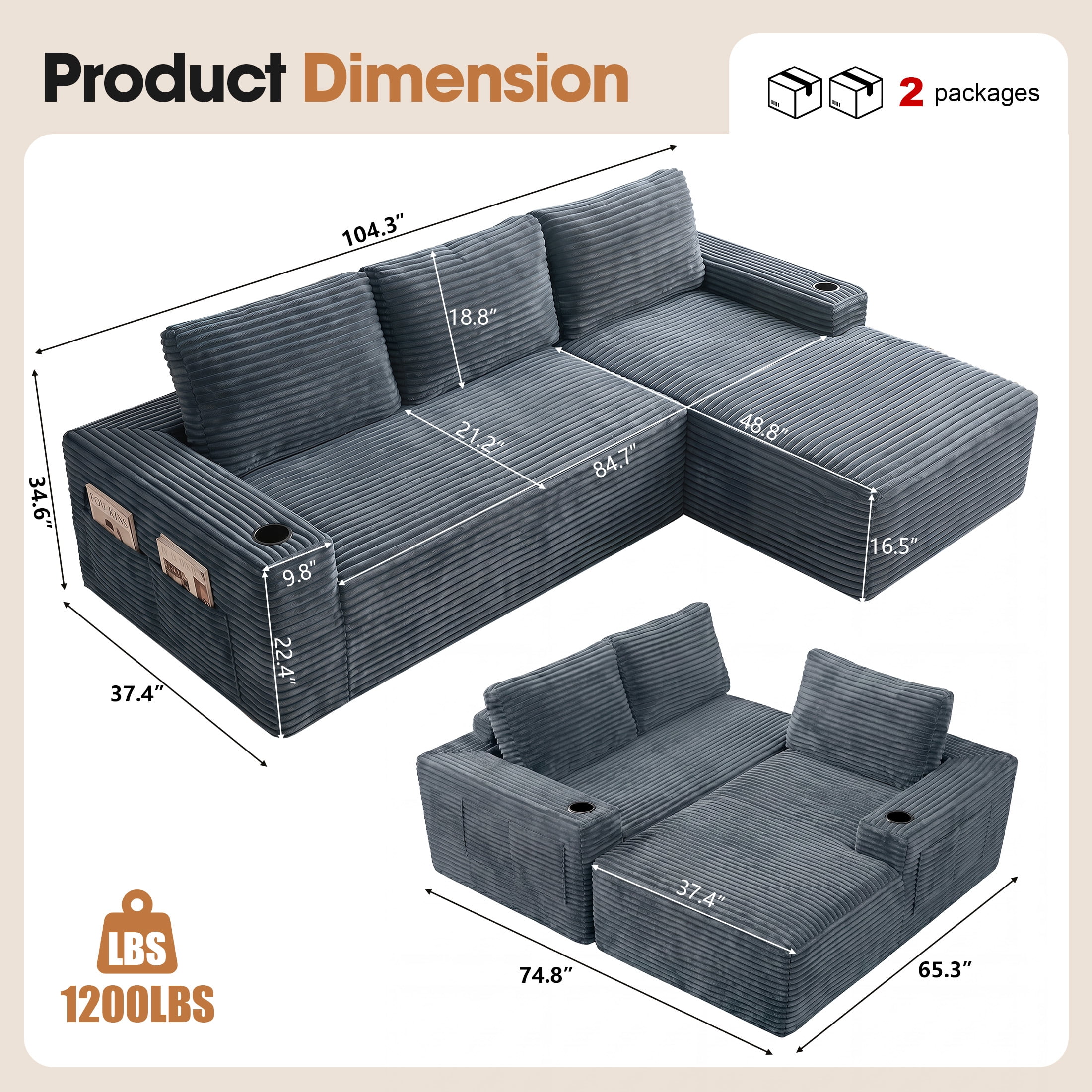Aenkyo 104 Inch Corduroy L-Shaped Cloud Sectional Sofa with Right Facing Chaise and Cup Holders, Gray