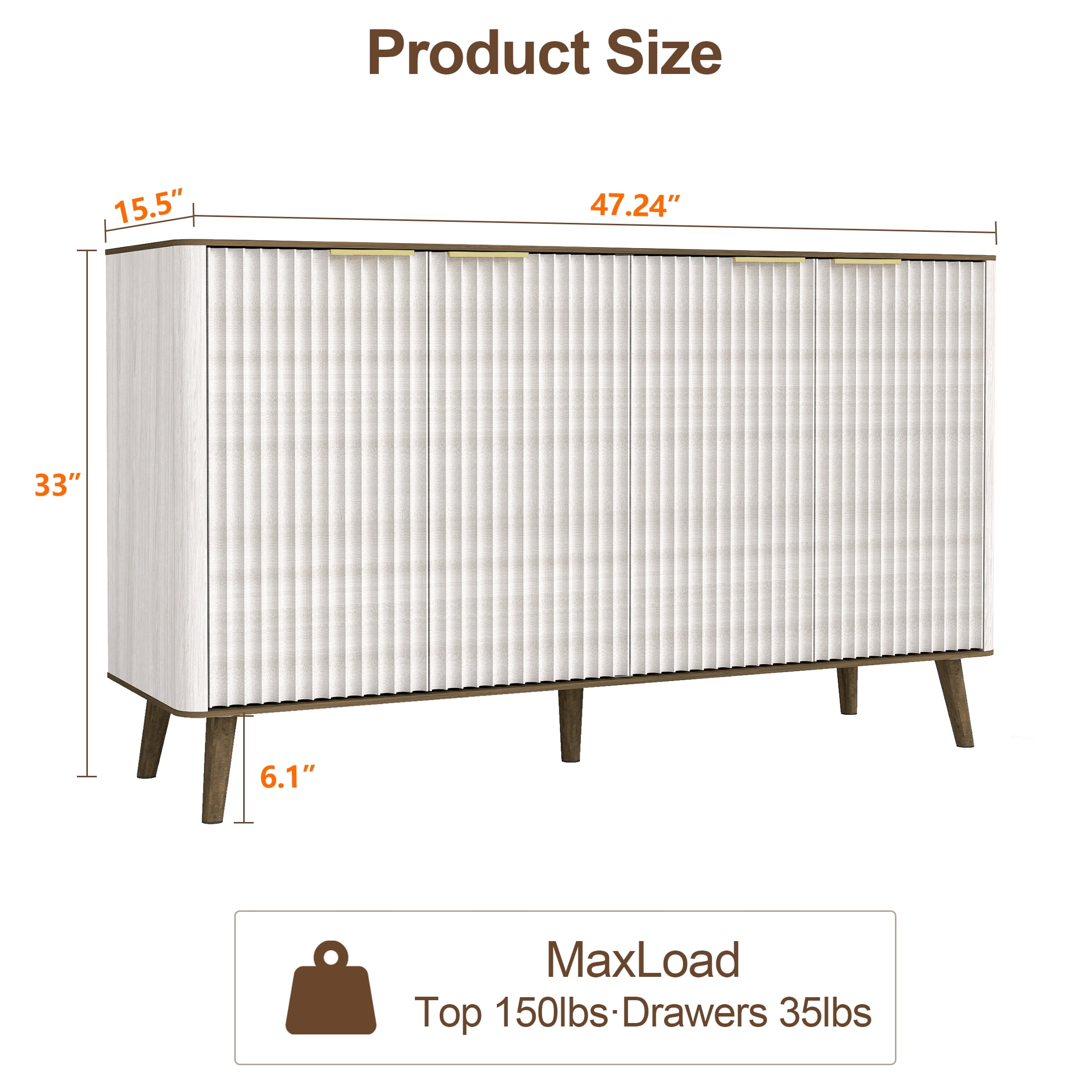 TrumanPick Fluted Sideboard Buffet Cabinet with Adjustable Shelves, Mid-Century Modern 4-Door Credenza for Dining Room Kitchen Living Room, Beige&Walnut 47.5" W x 16" D x 34" H