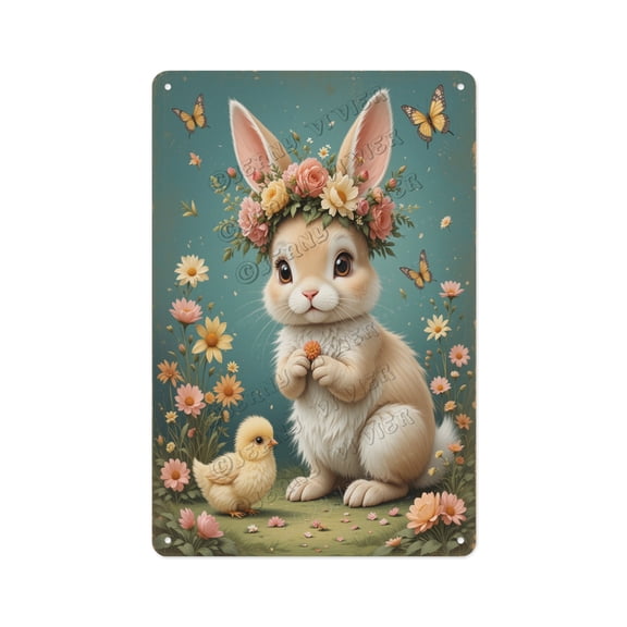 Retro Aluminum Sign Featuring a Bunny with a Beautiful Flower Crown, 8 x 12 Inches, Ideal for Decorating Your Nursery, Kid's Room, or Living Room with a Touch of Spring