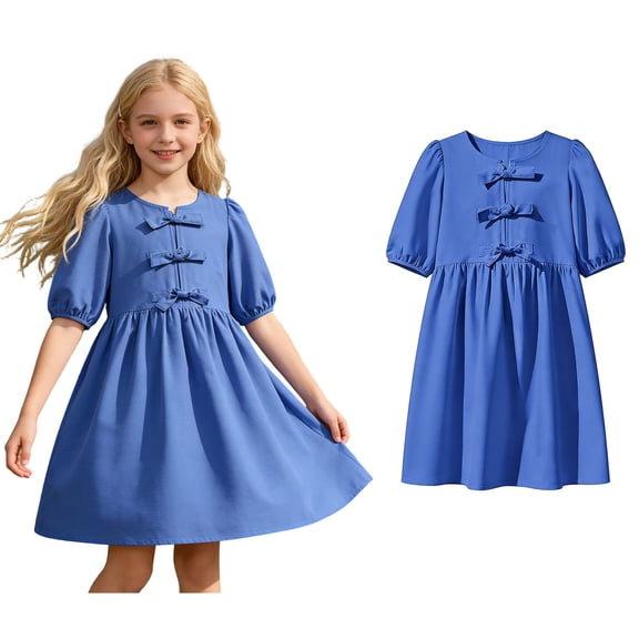 Dresses for Tween Girls Short Sleeve Flared Swing Dresses Summer Dresses with Bowknot for Tween 11-12 Years