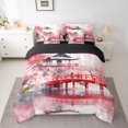 thumbnail image 2 of Homewish Japan Bridge Architecture 7 Pieces Bedding Comforter Set,Cherry Blossom Sakura Full Bedding Set,Pink Red Fitted Sheet Flat Sheet For Adults,Ultra Soft Home Decor Reversible, 2 of 8