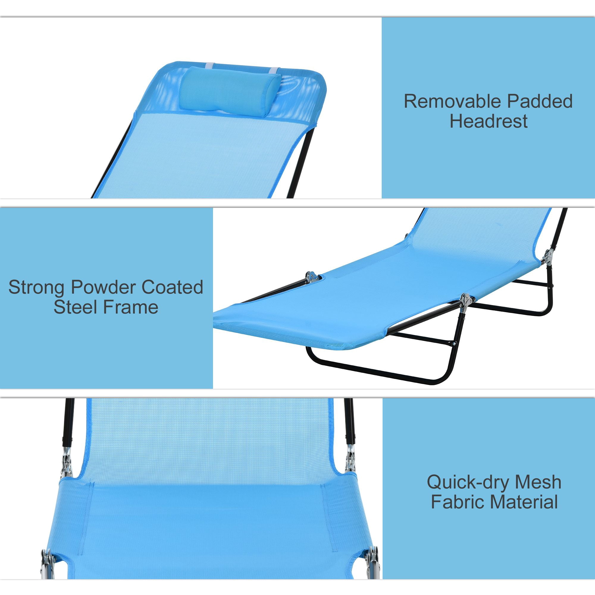 5-Position Reclining Foldable Outdoor Chaise Lounge with Head Pillow, Powder Coated Steel Breathable Quick Dry Mesh Pool Beach Lawn Lounge Chair Supports 264lbs Cream