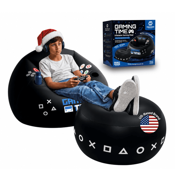 FranFusion Inflatable Gaming Chair for Kids & Teens with Cup Holders and Side Pocket - This Air Bean Bag Game Chair is The Perfect Furniture for Gamer Room Décor (Gaming Time with Ottoman)