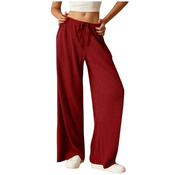 Women's Ribbed Wide Leg Lounge Pants with Pockets Casual Comfy Loose Soft Knit Pajama Pants with Drawstring