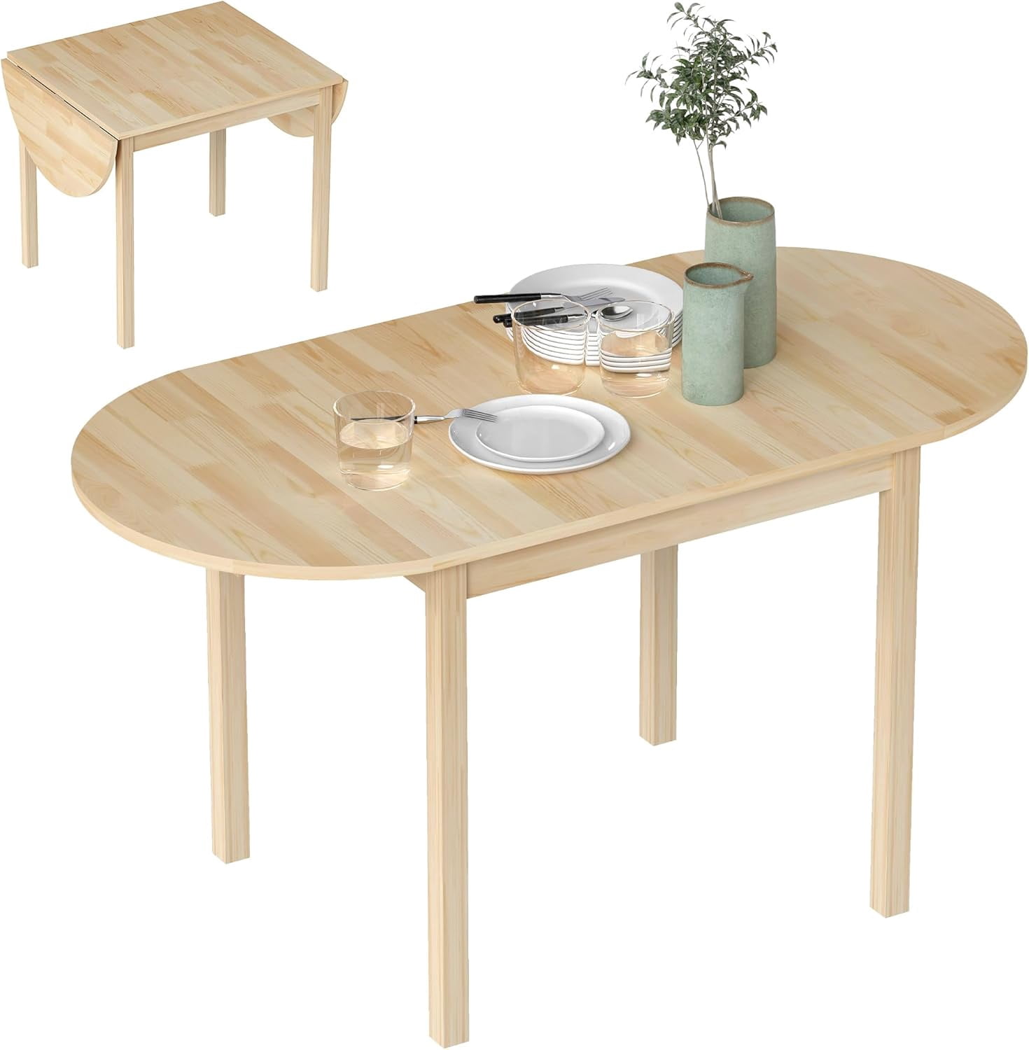 PAPROOS Extendable Dining Table, 31''-55'' Drop Leaf Kitchen Table for 6, Folding Dining Table, Solid Wood Dining Room Table, Small Dining Table for Kitchen, Breakfast Nook, Natural(Only Table)