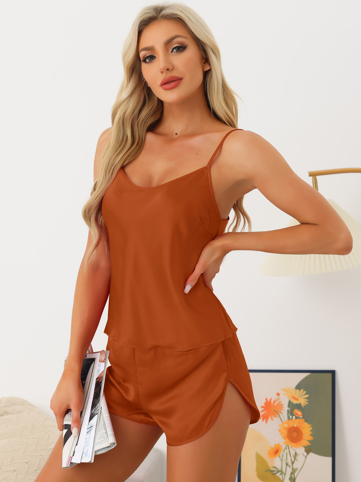 DARING DIVA Women's Satin Pajamas Sets Cami Sleepwear Silky PJ Set with Shorts L Caramel