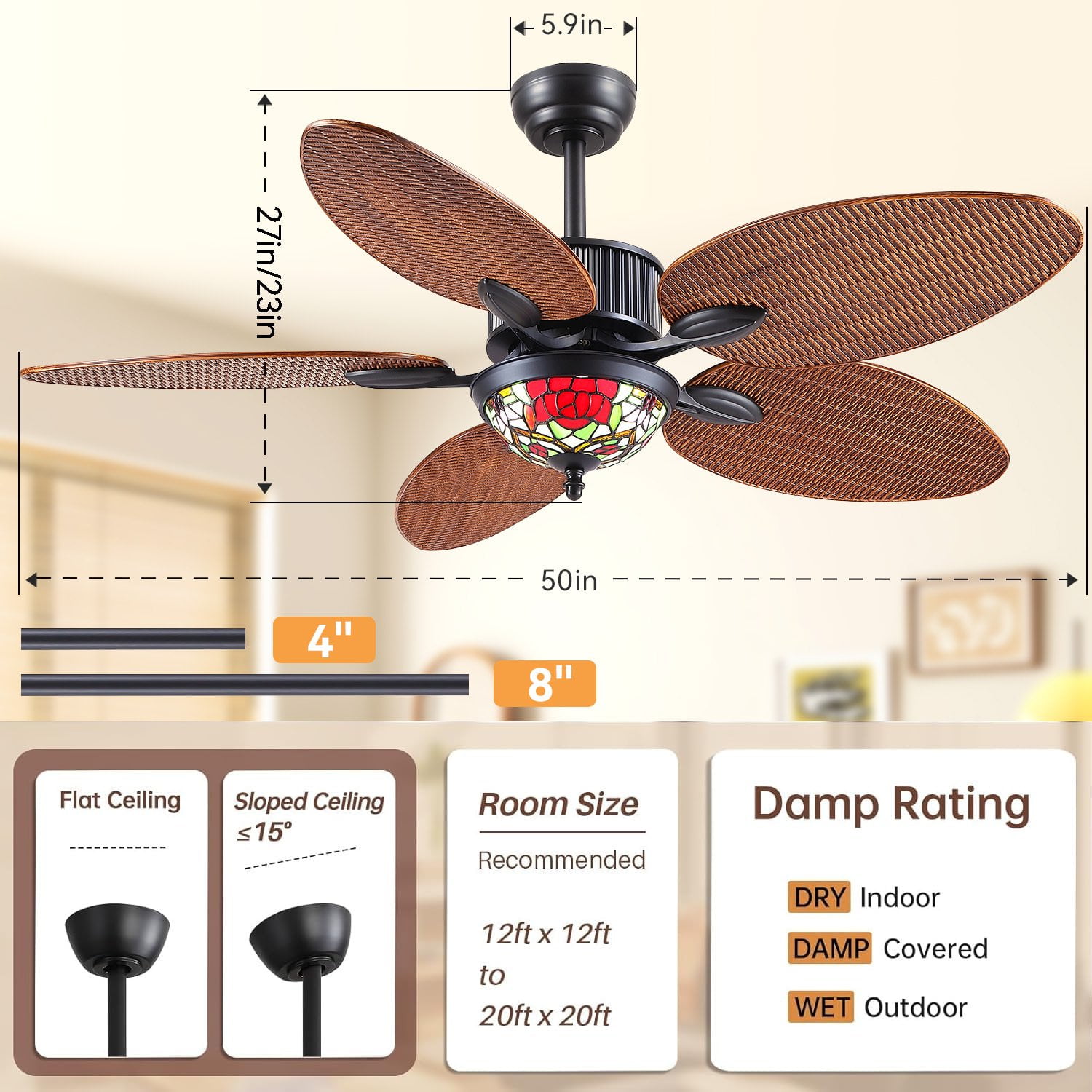 BayDay 48 Inch Tropical Ceiling Fan with Lights & Remote Control, APP Operable, 6 Speeds, Dimmable LED, Reversible Palm Leaf Fan for Bedroom, Living Room, Patio, Porch, Modern Black