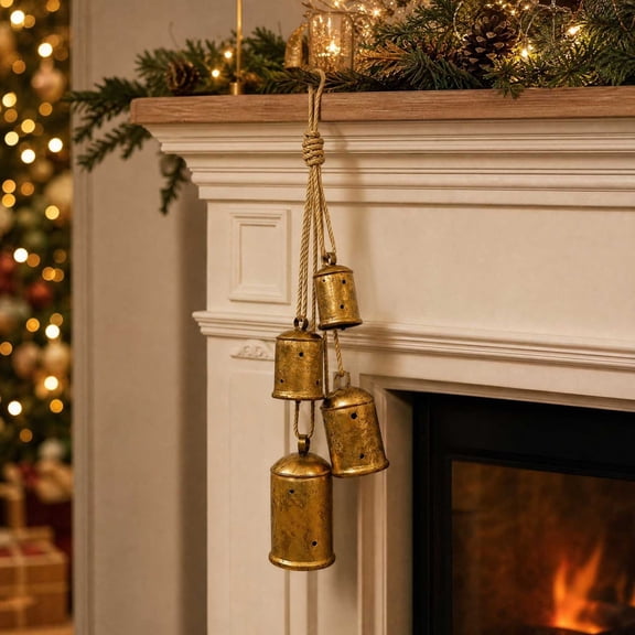 Darzheoy Christmas Bells Garland, Vintage Rural Metal Four Piece Jute Rope, Holiday Decorative Ornament, Christmas Decorations Indoor for Door Wall Mantel