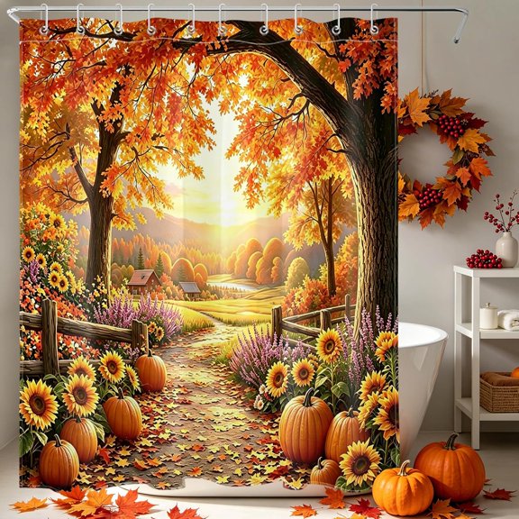 Autumn Fall Tree Pumpkin Sunflower Shower Curtain for Bathroom 71x71 inches