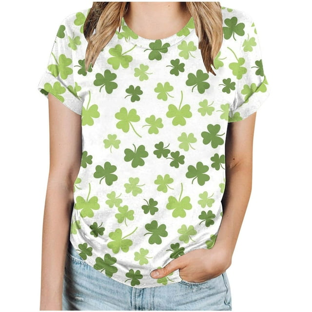 KIHOUT Nouveaux Arrivlas T-Shirts pour Femmes Fête de la Saint-Patrick, Mode Grande Taille Col Rond Manches Courtes T-Shirt Imprimé Vert, Taille P-5TG
