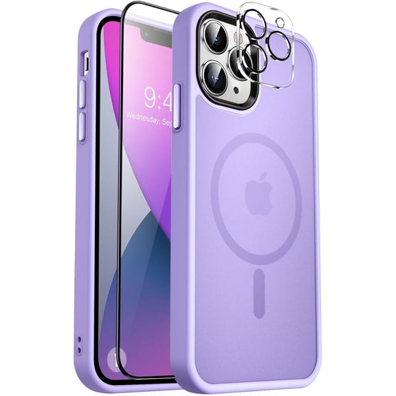 Strong Magnetic for iPhone 13 Pro Max Case,[Compatible with Magsafe][Glass Screen Protector Camera Lens Protector] Slim Thin Shockproof Cover Phone Case for iPhone 13 Pro Max 6.7", Light Purple