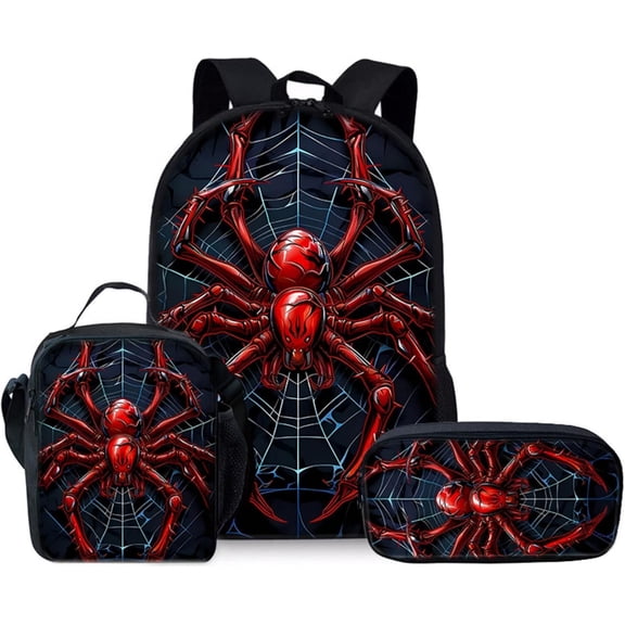 Spider Backpack 3-Piece Set, 17-Inch Casual Backpack with Lunch Bag and Pencil Pouch for Travel and Daily Use