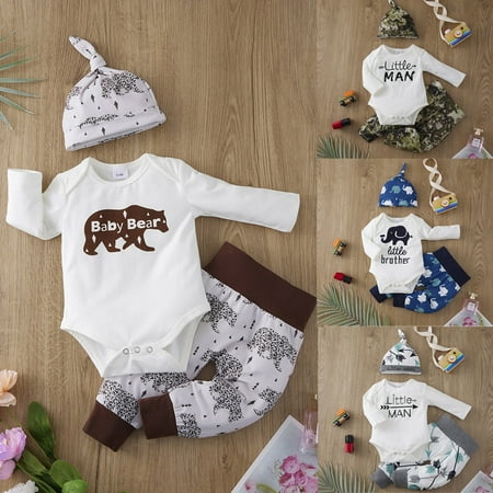 

URMAGIC Newborn Baby Boy Cartoon Bear Romper Pants Hat Fall Clearance 3PCS Outfits