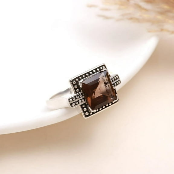 AG 925 Jewellery Minimalist, Bespoke, Boho Smoky Quartz Gemstone Ring, 925 Sterling Silver
