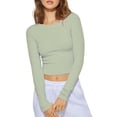 thumbnail image 1 of Mialoley Femmes Été Ajusté Crop Tops Slim Couleur Unie Manches Longues Col Rond Montrer Tops Nombril Streetwear, 1 of 6
