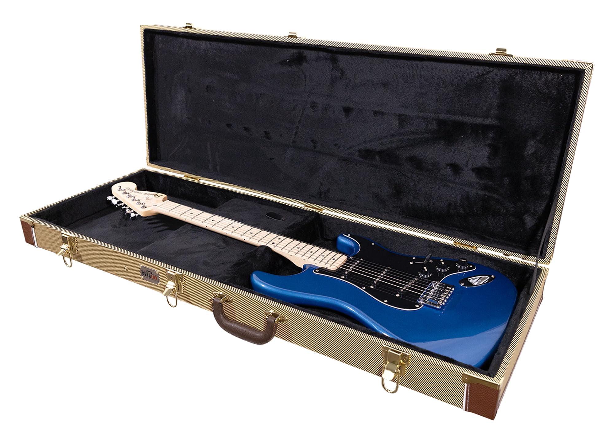 Gearlux Electric Guitar Hard Case for Fender Stratocaster/Telecaster and Standard-Size Guitars with Exterior Lock and Key, Interior Accessory Compartment, and Plush Interior Padding - Tweed